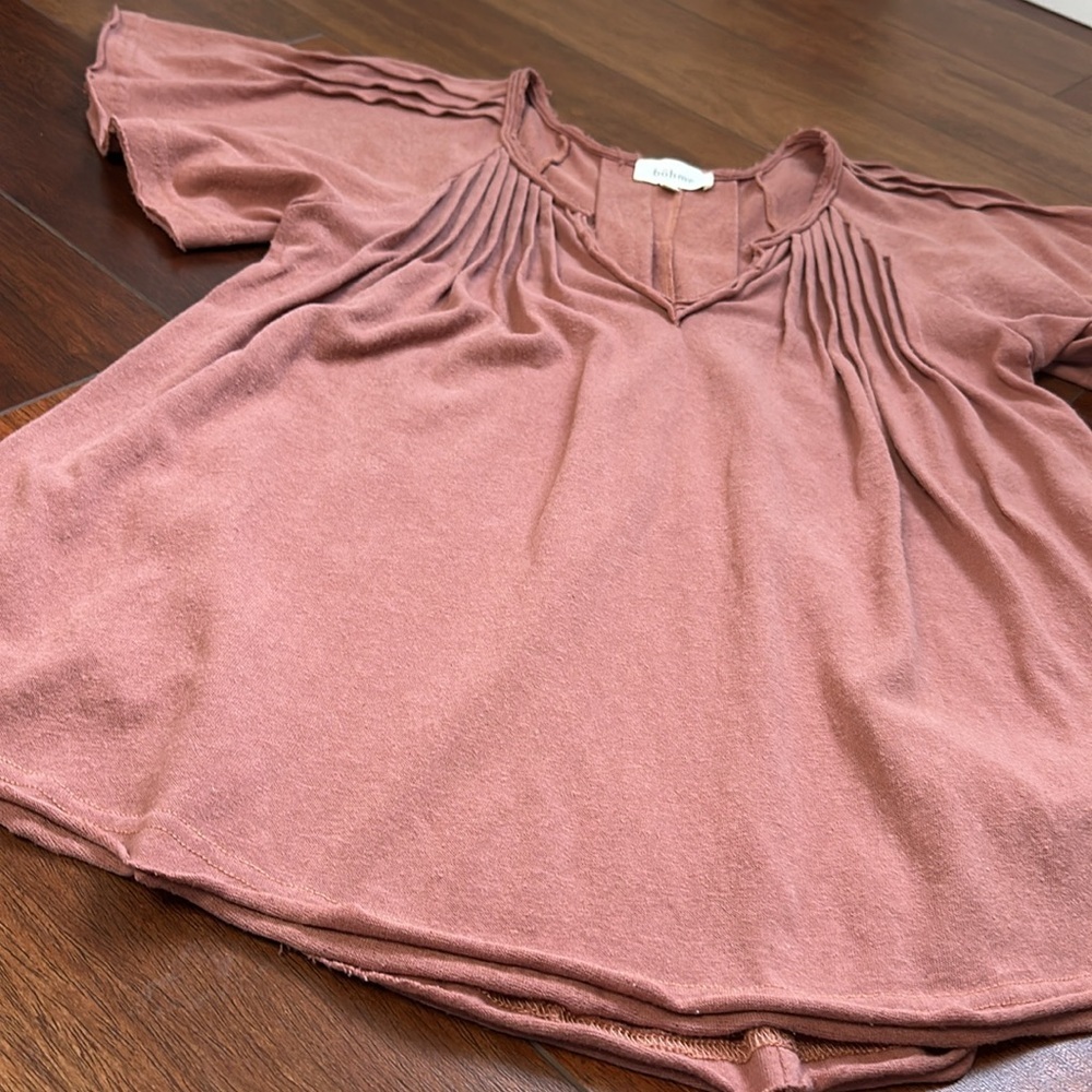 Bohme XS Dusty Rose Boho Top Pleated Neck Flutter Sleeve Lightweight - Picture 6 of 9